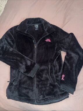 The North Face Black Fuzzy Fleece Jacket with Pink breast cancer logos